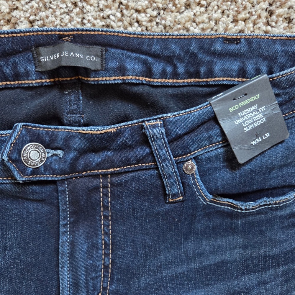 Silver Jeans Tuesday Universal Fit Low Rise Slim Boot Sz 34x31 Dark Wash NWT - Picture 2 of 7
